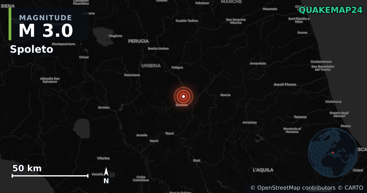 M3.0 earthquake near Spoleto on Jul 22, 2026 — map of epicenter and shaking intensity | QuakeMap24