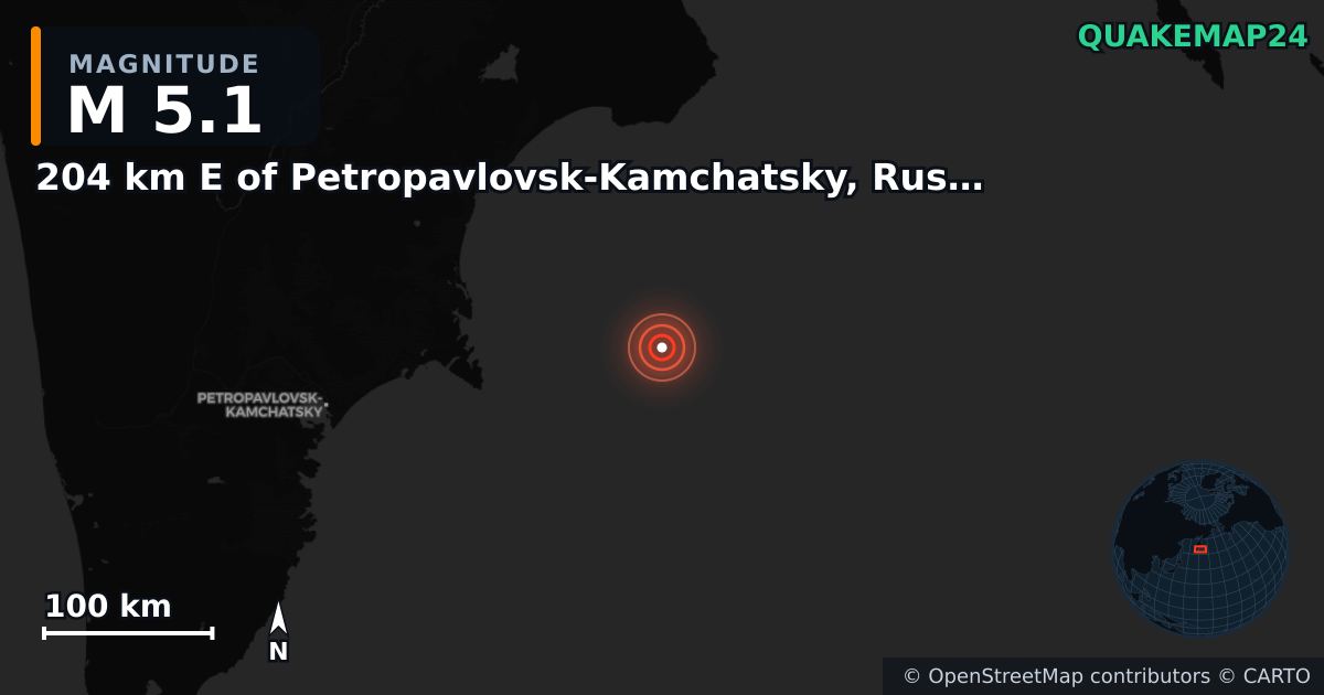 M5.1 earthquake near 204 km E of Petropavlovsk-Kamchatsky, Russia on Oct 18, 2025 — map of epicenter and shaking intensity | QuakeMap24