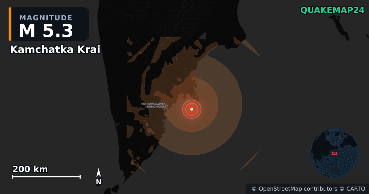 M5.3 earthquake near Kamchatka Krai on Aug 17, 2026 — map of epicenter and shaking intensity | QuakeMap24