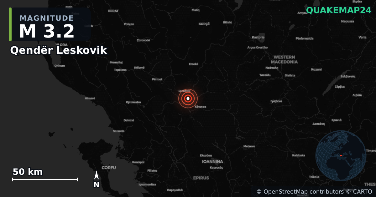 Terremoto de M3,2 cerca de Qendër Leskovik (Albania) · 2026-10-02 — Mapa de la ubicación del epicentro
