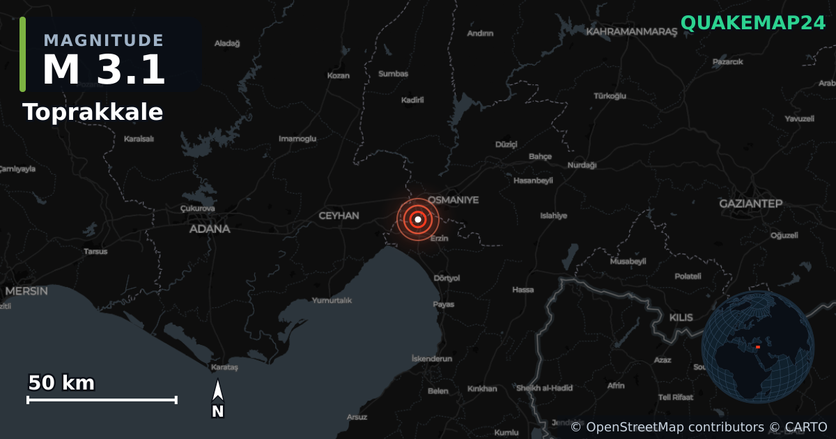 Terremoto de M3,1 cerca de Toprakkale (Turquía) · 2025-12-20 — Mapa de la ubicación del epicentro