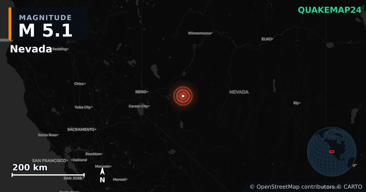 Erdbeben M5,1 bei Nevada — Karte der Lage des Epizentrums