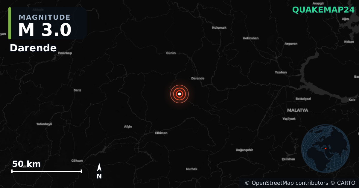 M3.0 earthquake near Darende on Aug 18, 2025 — map of epicenter and shaking intensity | QuakeMap24