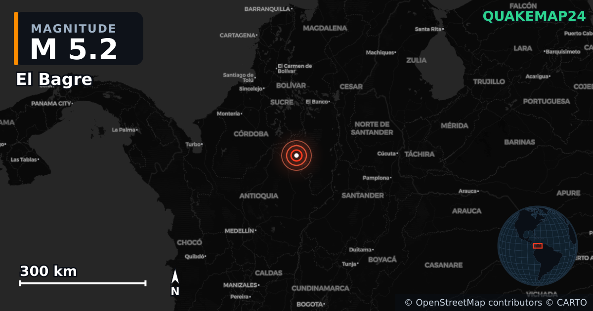 M5.2 earthquake near El Bagre on Apr 18, 2025 — map of epicenter and shaking intensity | QuakeMap24