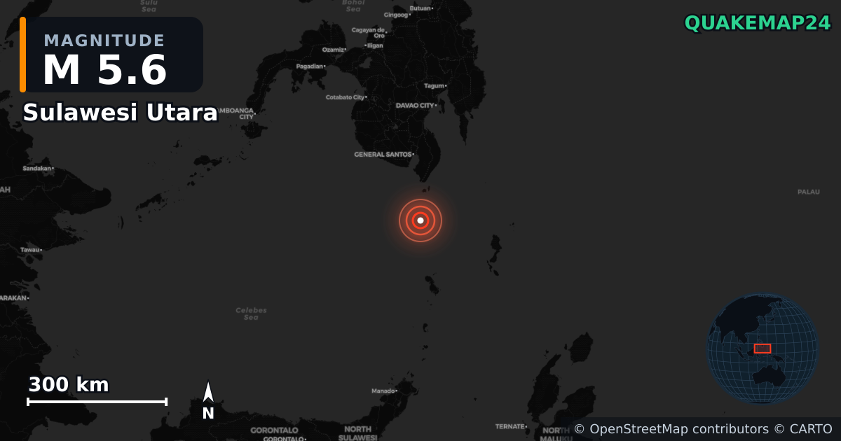 M5.6 earthquake near Sulawesi Utara on Jun 11, 2026 — map of epicenter and shaking intensity | QuakeMap24