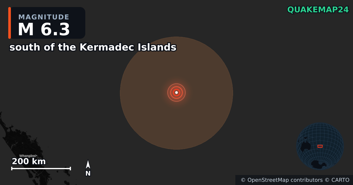 M6.3 earthquake near south of the Kermadec Islands on Aug 5, 2026 — map of epicenter and shaking intensity | QuakeMap24