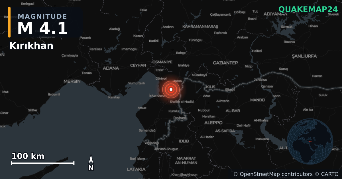 Terremoto de M4,1 cerca de TURKEY-SYRIA BORDER REGION (Turquía) · 2025-12-17 — Mapa de la ubicación del epicentro