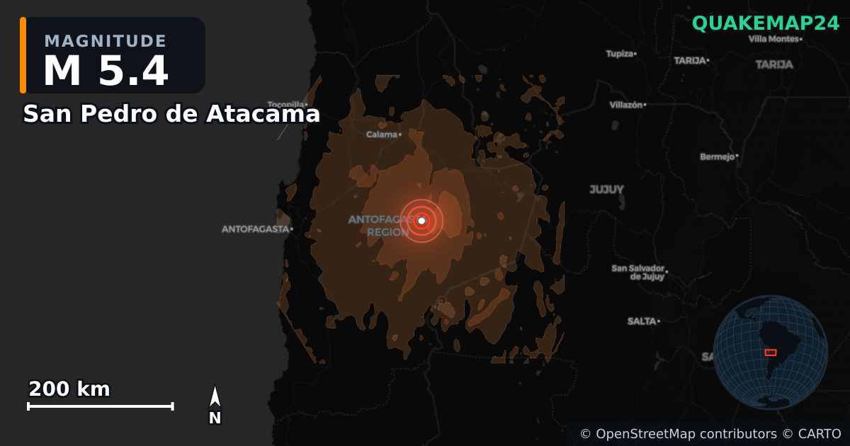 M5.4 earthquake near San Pedro de Atacama on Jul 27, 2026 — map of epicenter and shaking intensity | QuakeMap24