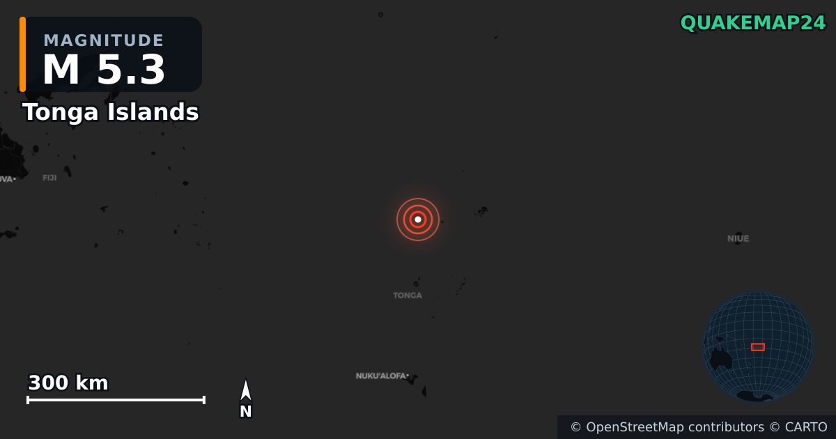 M5.3 earthquake near Tonga Islands on Jul 13, 2025 — map of epicenter and shaking intensity | QuakeMap24