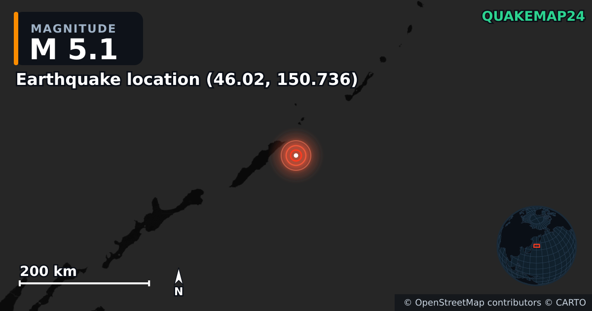 M5.1 earthquake near Τοποθεσία σεισμού (46.02, 150.736) on Aug 15, 2025 — map of epicenter and shaking intensity | QuakeMap24