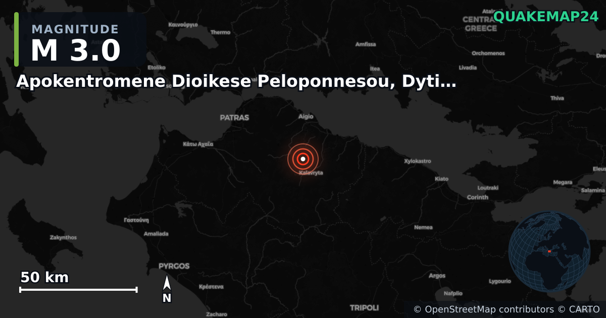 M3.0 earthquake near Apokentromene Dioikese Peloponnesou, Dytikes Elladas kai Ioniou on Jul 28, 2025 — map of epicenter and shaking intensity | QuakeMap24