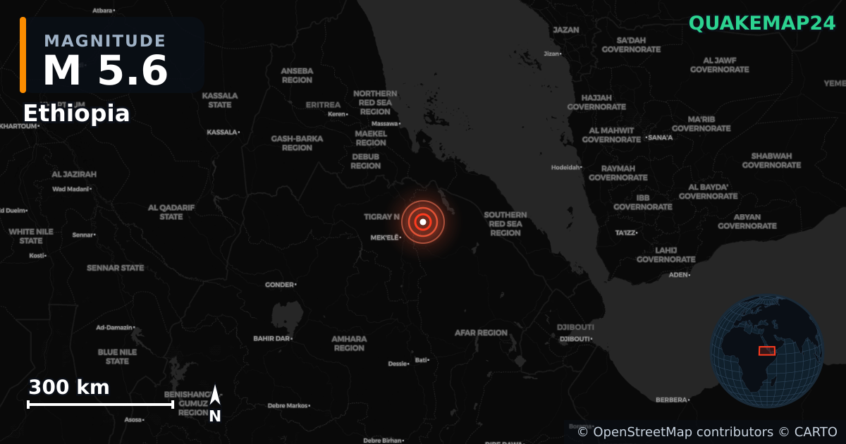 M5.6 earthquake near Ethiopia on Oct 11, 2025 — map of epicenter and shaking intensity | QuakeMap24