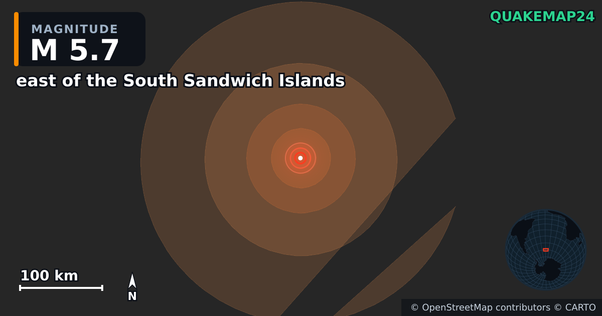 Erdbeben M5,7 bei east of the South Sandwich Islands — Karte der Lage des Epizentrums