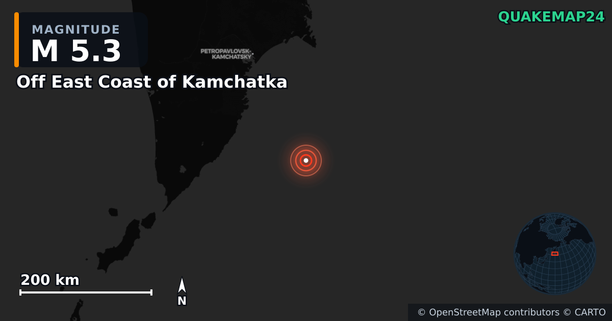 M5.3 earthquake near Off East Coast of Kamchatka on Sep 25, 2025 — map of epicenter and shaking intensity | QuakeMap24