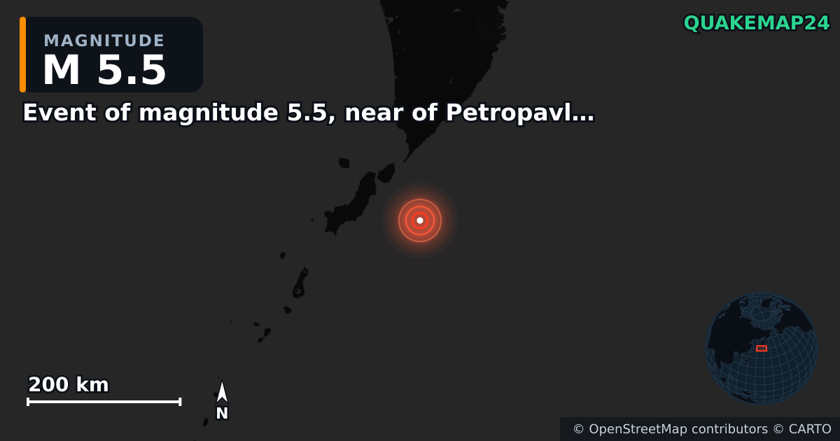 M5.5 earthquake near Event of magnitude 5.5, near of Petropavlovsk Kamchatskiy (Monde) on Dec 7, 2025 — map of epicenter and shaking intensity | QuakeMap24