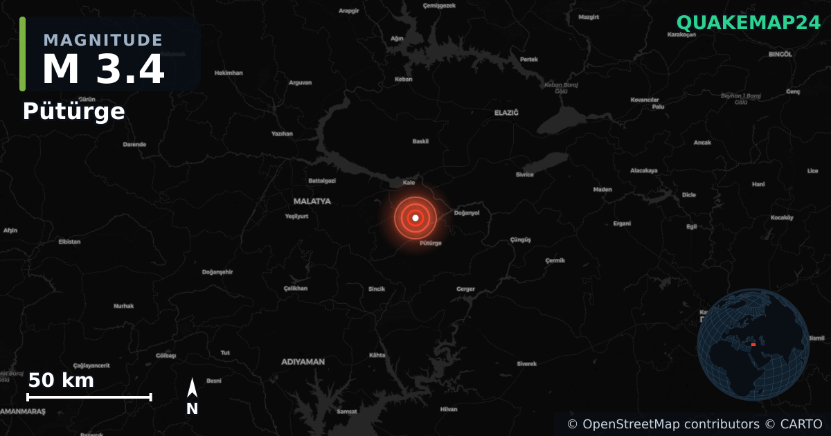 M3.4 earthquake near Pütürge on Nov 1, 2025 — map of epicenter and shaking intensity | QuakeMap24