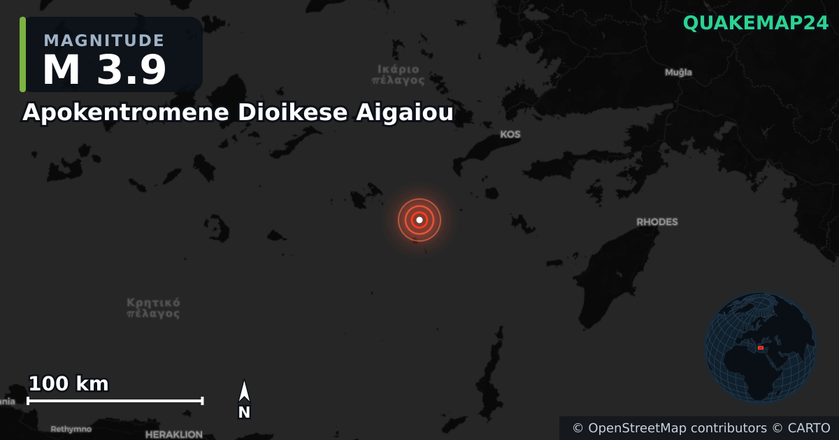 M3.9 earthquake near Apokentromene Dioikese Aigaiou on Jun 7, 2025 — map of epicenter and shaking intensity | QuakeMap24