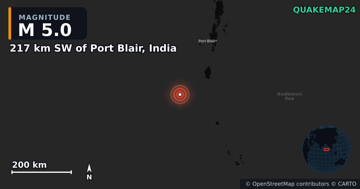 217 km SW of Port Blair, India yakınında M5,0 deprem — Deprem merkez üssünün konumunu gösteren harita