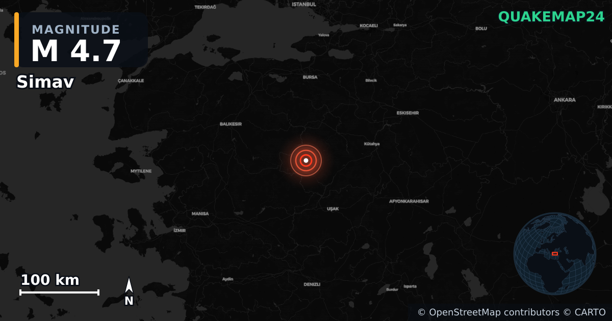 M4.7 earthquake near Simav on Sep 28, 2025 — map of epicenter and shaking intensity | QuakeMap24