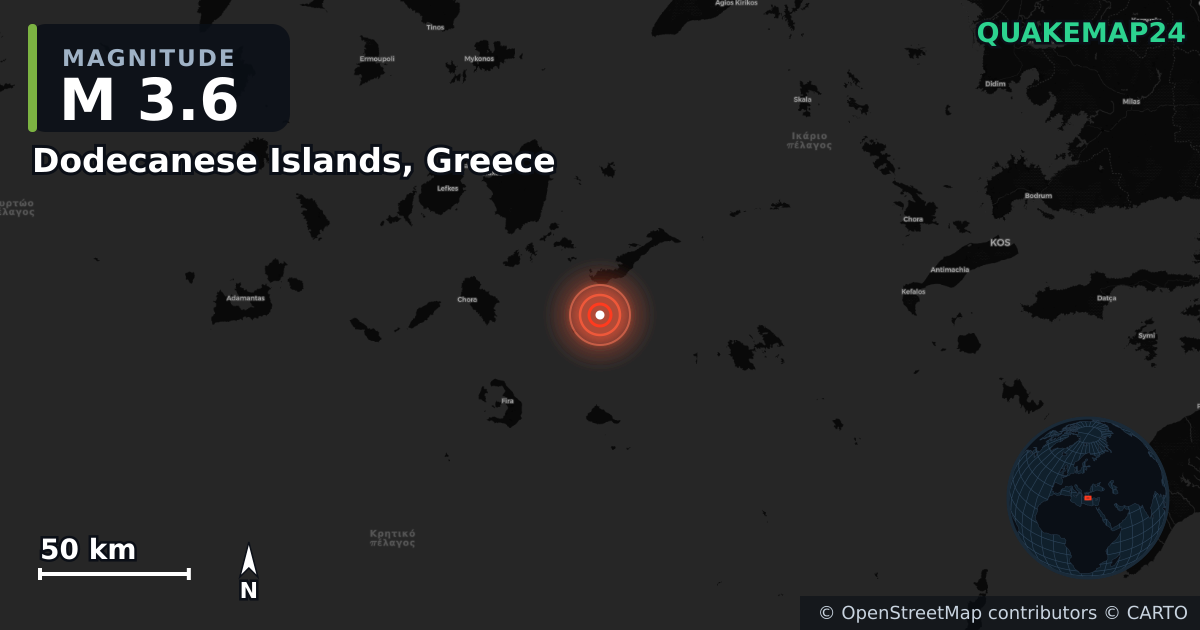 M3.6 earthquake near Dodecanese Islands, Greece on May 15, 2026 — map of epicenter and shaking intensity | QuakeMap24