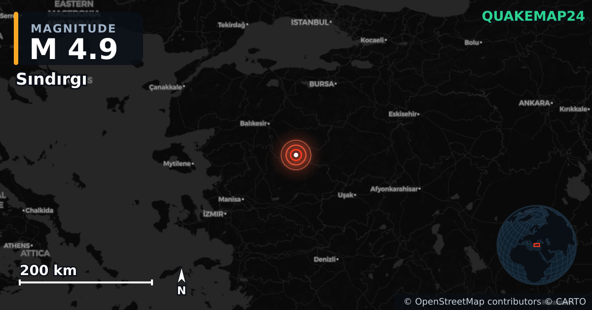 M4.9 earthquake near Sındırgı on Jan 23, 2026 — map of epicenter and shaking intensity | QuakeMap24