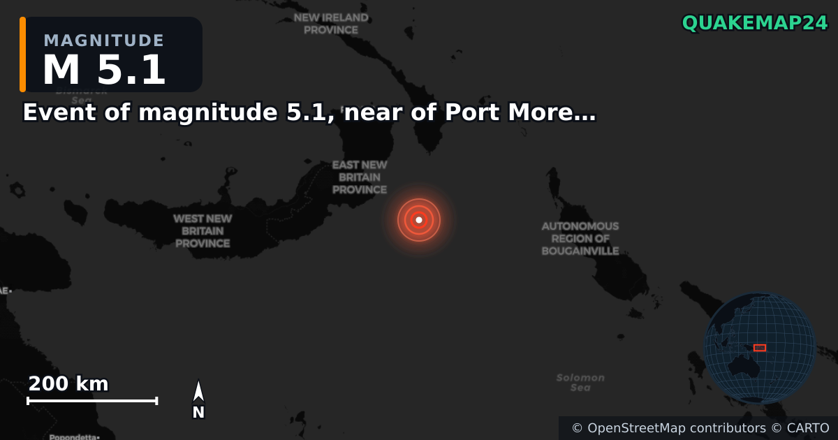 M5.1 earthquake near Event of magnitude 5.1, near of Port Moresby (Monde) on Aug 28, 2025 — map of epicenter and shaking intensity | QuakeMap24