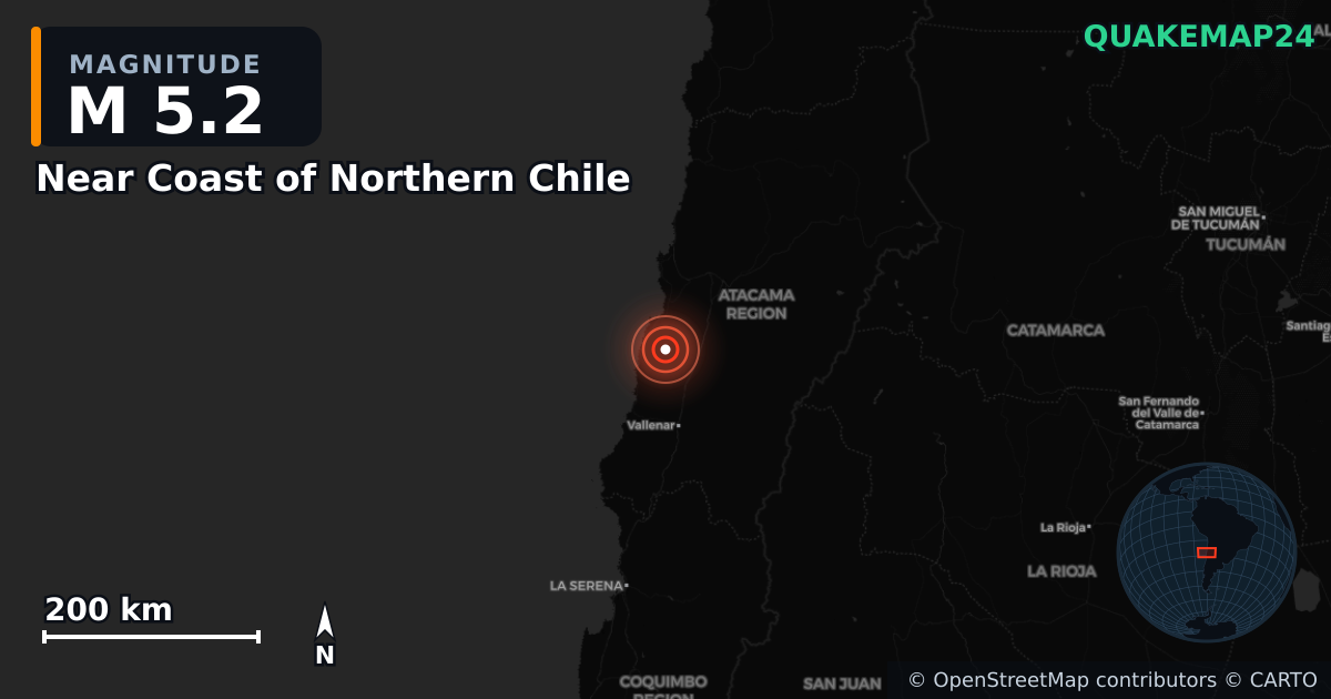Erdbeben M5,2 bei Near Coast of Northern Chile — Karte der Lage des Epizentrums