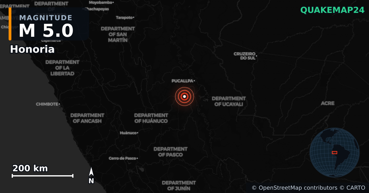 M5.0 earthquake near Honoria on Jul 1, 2026 — map of epicenter and shaking intensity | QuakeMap24