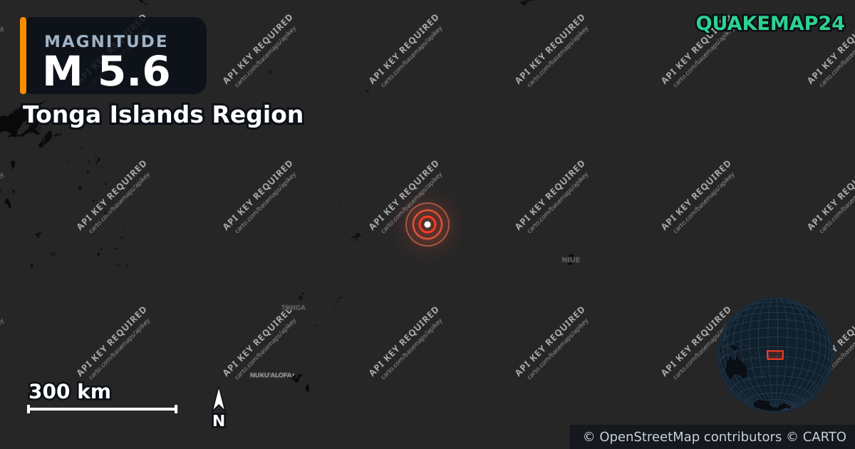 M5.6 earthquake near Tonga Islands Region on Aug 14, 2025 — map of epicenter and shaking intensity | QuakeMap24