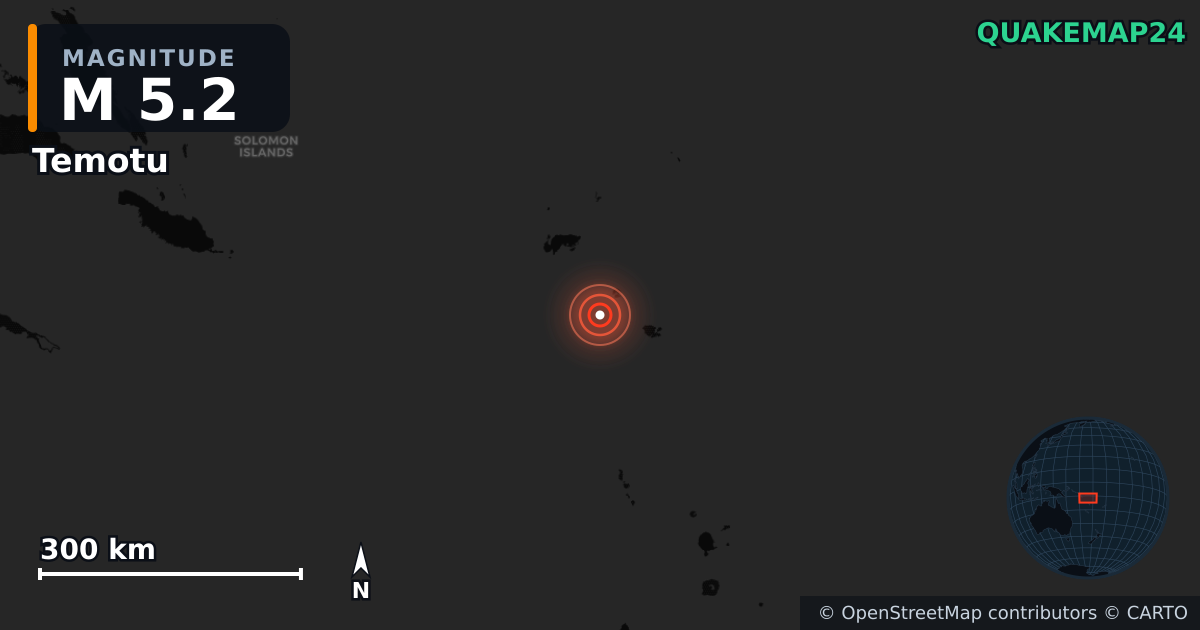 M5.2 earthquake near Temotu on Aug 30, 2025 — map of epicenter and shaking intensity | QuakeMap24