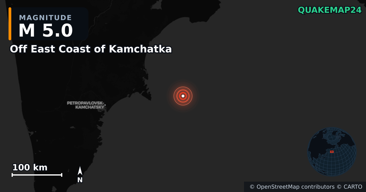 M5.0 earthquake near Off East Coast of Kamchatka on Sep 19, 2025 — map of epicenter and shaking intensity | QuakeMap24