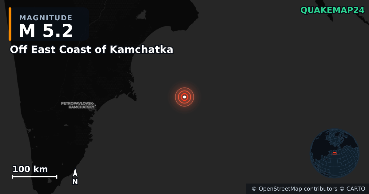 M5.2 earthquake near Off East Coast of Kamchatka on Oct 18, 2025 — map of epicenter and shaking intensity | QuakeMap24