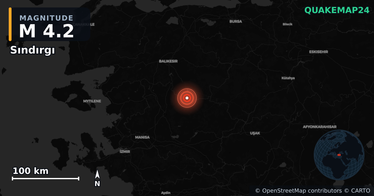 M4.2 earthquake near Sındırgı on Nov 7, 2025 — map of epicenter and shaking intensity | QuakeMap24