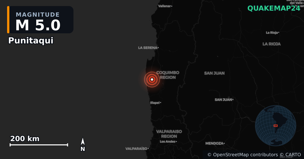 M5.0 earthquake near Punitaqui on Jul 4, 2026 — map of epicenter and shaking intensity | QuakeMap24