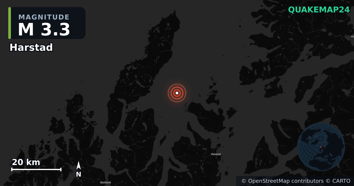 M3.3 earthquake near Harstad on Jan 15, 2025 — map of epicenter and shaking intensity | QuakeMap24