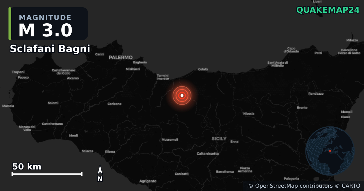 M3.0 earthquake near Sclafani Bagni on Jan 24, 2026 — map of epicenter and shaking intensity | QuakeMap24