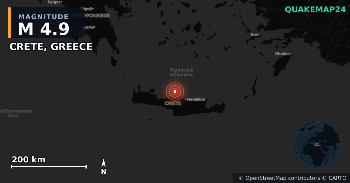 M4.9 earthquake near CRETE, GREECE on Nov 27, 2025 — map of epicenter and shaking intensity | QuakeMap24