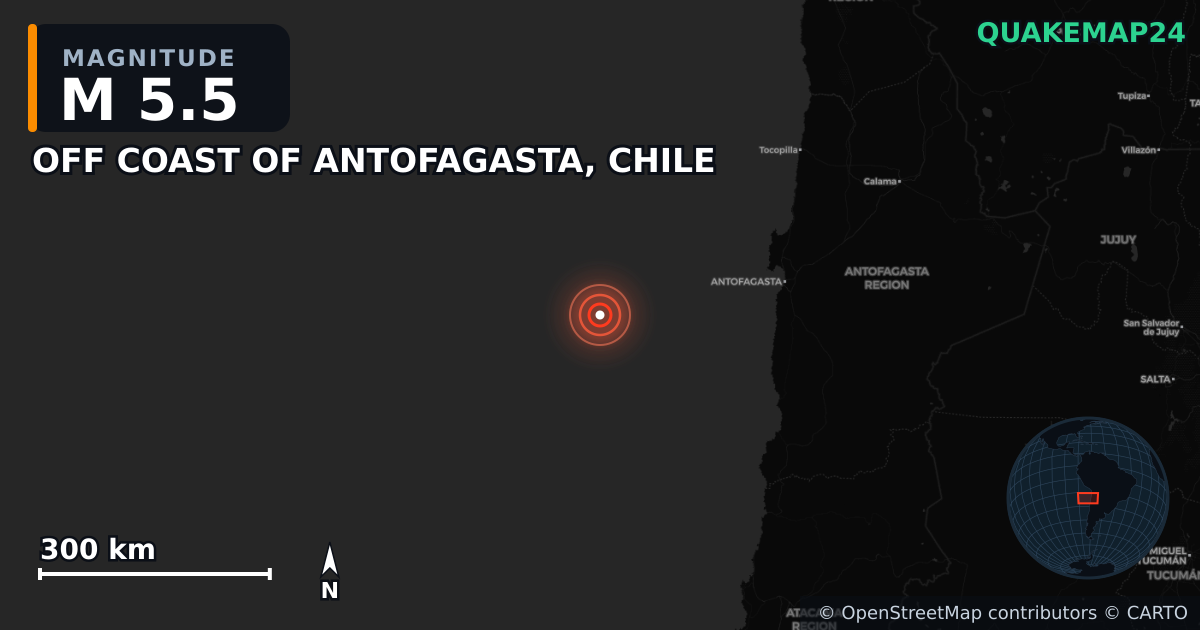 Erdbeben M5,5 bei OFF COAST OF ANTOFAGASTA, CHILE — Karte der Lage des Epizentrums