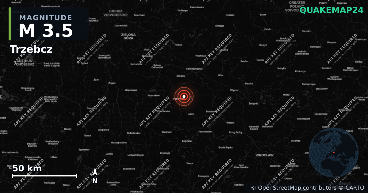 M3.5 earthquake near Trzebcz on Jun 12, 2026 — map of epicenter and shaking intensity | QuakeMap24