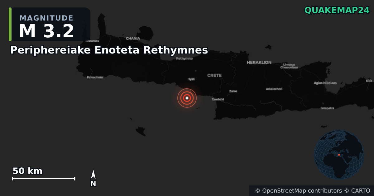 M3.2 earthquake near Periphereiake Enoteta Rethymnes on May 20, 2026 — map of epicenter and shaking intensity | QuakeMap24