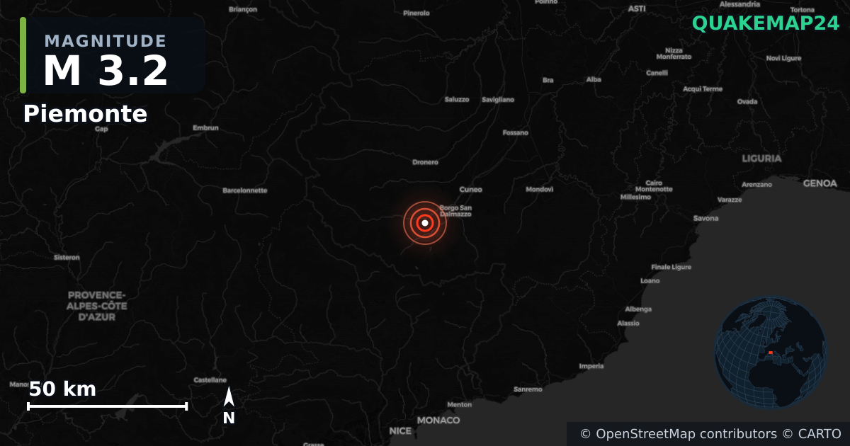 M3.2 earthquake near Piemonte on Oct 10, 2025 — map of epicenter and shaking intensity | QuakeMap24