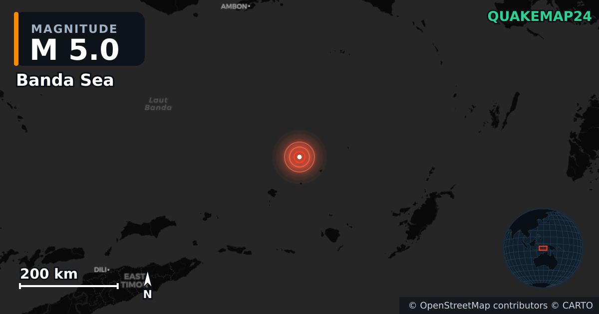 M5.0 earthquake near Banda Sea on Feb 13, 2025 — map of epicenter and shaking intensity | QuakeMap24