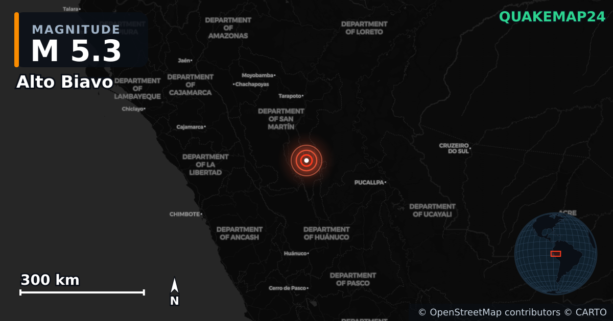 M5.3 earthquake near Alto Biavo on Aug 3, 2026 — map of epicenter and shaking intensity | QuakeMap24