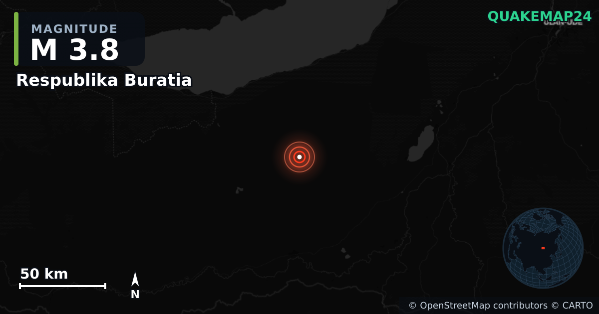 M3.8 earthquake near Respublika Buratia on May 18, 2025 — map of epicenter and shaking intensity | QuakeMap24