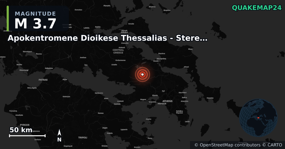 M3.7 earthquake near Apokentromene Dioikese Thessalias - Stereas Ellados on Sep 11, 2025 — map of epicenter and shaking intensity | QuakeMap24
