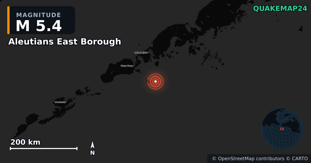 M5.4 earthquake near Aleutians East Borough on Apr 12, 2026 — map of epicenter and shaking intensity | QuakeMap24