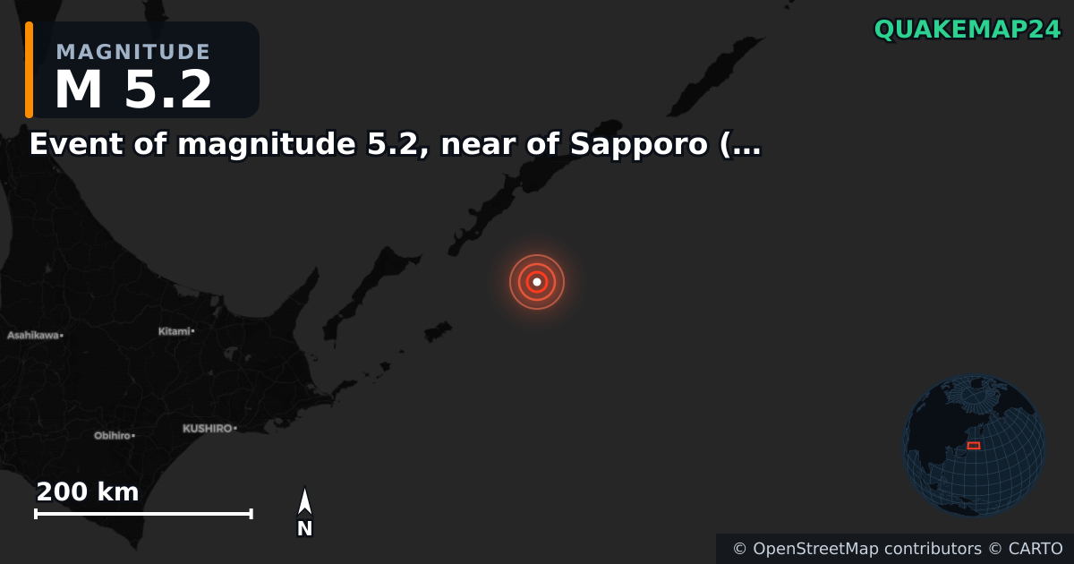 M5.2 earthquake near Event of magnitude 5.2, near of Sapporo (Monde) on Dec 17, 2025 — map of epicenter and shaking intensity | QuakeMap24