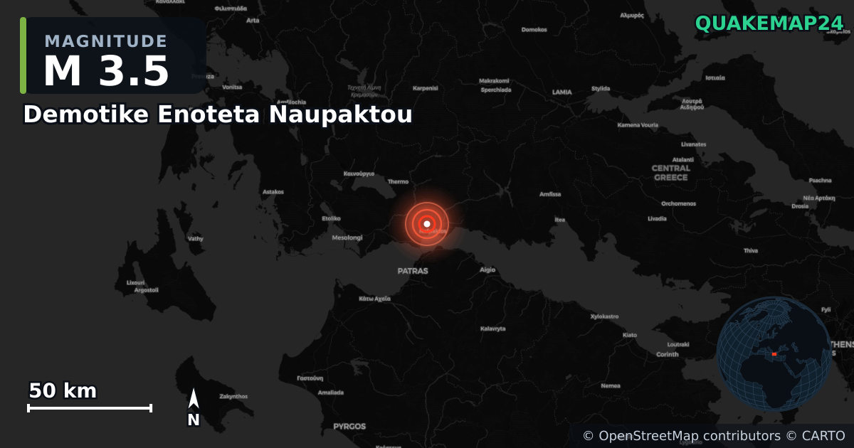 M3.5 earthquake near Demotike Enoteta Naupaktou on Apr 7, 2026 — map of epicenter and shaking intensity | QuakeMap24