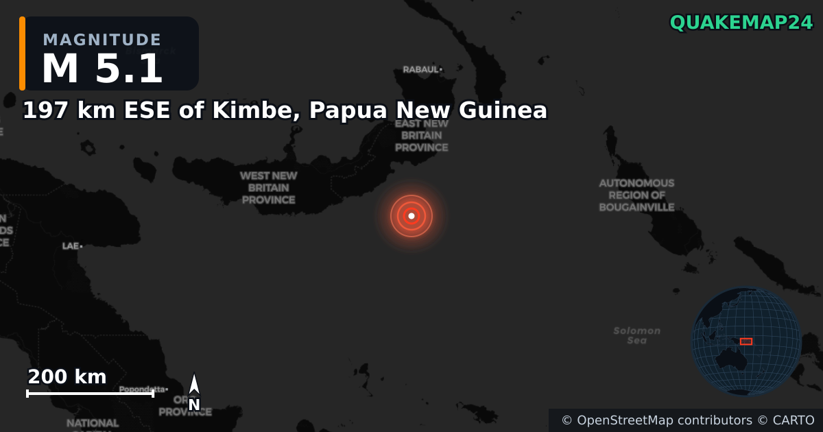 M5.1 earthquake near 197 km ESE of Kimbe, Papua New Guinea on Apr 5, 2025 — map of epicenter and shaking intensity | QuakeMap24