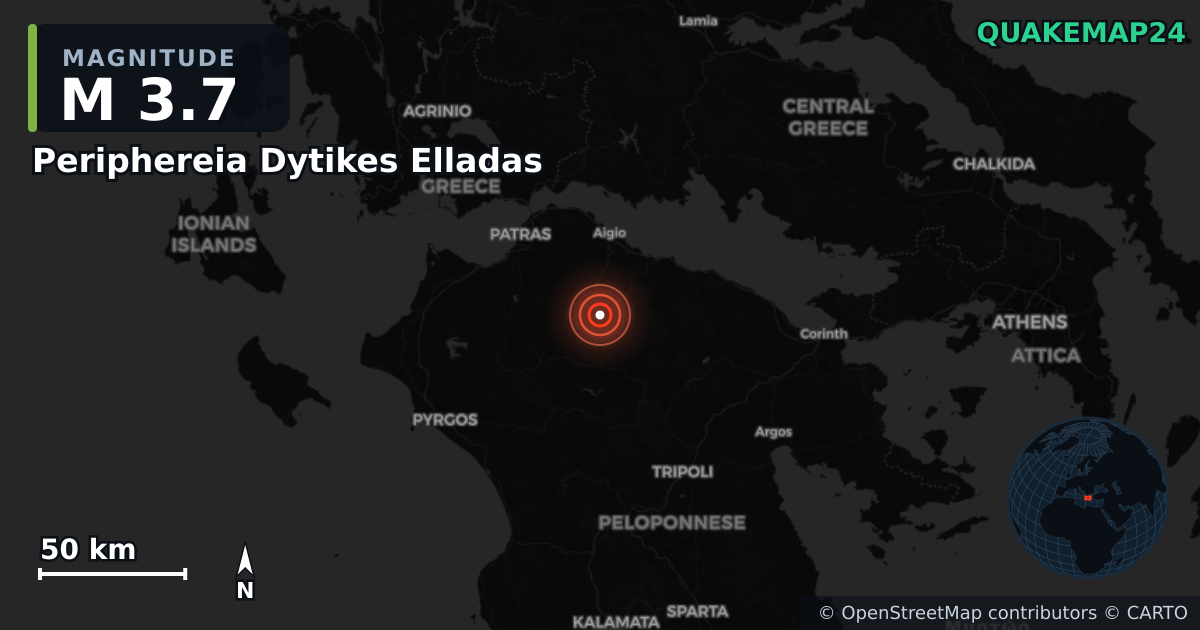M3.7 earthquake near Periphereia Dytikes Elladas on Dec 7, 2025 — map of epicenter and shaking intensity | QuakeMap24